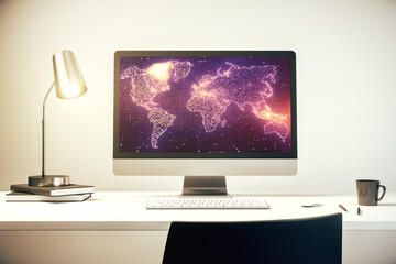 Poster - Abstract creative world map on modern laptop screen, international trading concept. 3D Rendering
