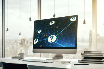 Aufkleber - Creative abstract question mark sketch on modern laptop monitor, FAQ and research concept. 3D Rendering