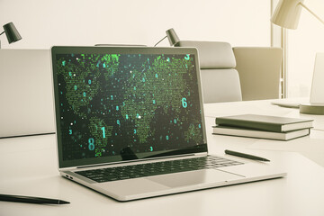 Fototapete - Modern computer display with abstract programming language hologram and world map, artificial intelligence and neural networks concept. 3D Rendering