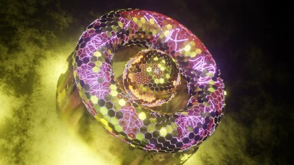Poster - Loop 3d animation. Abstract geometric figure of a set of hexagons. A torus of metal segments and a spherical core in the center. Futuristic composition for abstract background screensavers.