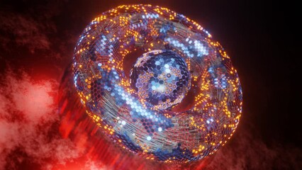 Poster - Loop 3d animation. Abstract geometric figure of a set of hexagons. A torus of metal segments and a spherical core in the center. Futuristic composition for abstract background screensavers.