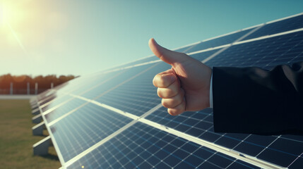 businessman showing thumb up after checking quality of solar battery. Generative Ai. 