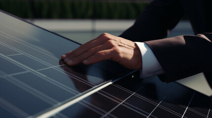 businessman checks the quality of the solar panel with his hand. Generative Ai. 