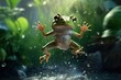 photo of a green frog in nature jump 