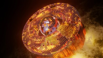 Poster - Loop 3d animation. Abstract geometric figure of a set of hexagons. A torus of metal segments and a spherical core in the center. Futuristic composition for abstract background screensavers.