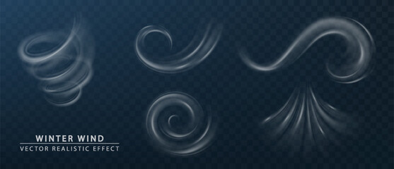 winter wind blow, wind swirls isolated. vector realistic symbol of fresh air, winter weather. air fl
