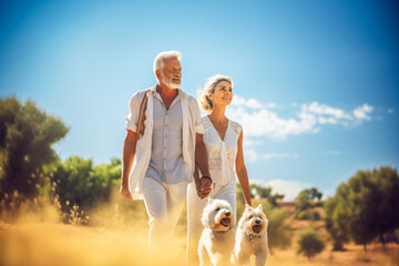 aged couple walk the dogs at a sunny day 