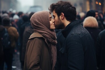 Wall Mural - A couple kissing in a crowd on the street. A man and a woman in a burqa. It is winter. The couple is wearing winter clothes.