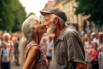 Wall Mural - An elderly couple kissing in a crowd on the street. It is summer. The couple is wearing summer clothes.