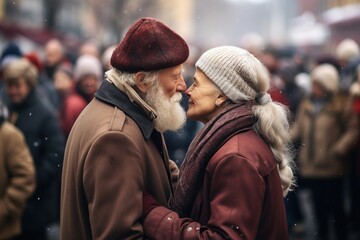 Wall Mural - An elderly couple hugging in a crowd on the street. It is winter. The couple is wearing winter clothes.