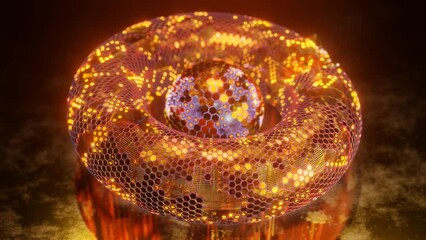 Poster - Loop 3d animation. Abstract geometric figure of a set of hexagons. A torus of metal segments and a spherical core in the center. Futuristic composition for abstract background screensavers.
