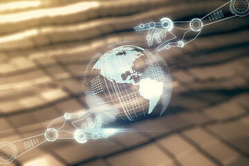 Aufkleber - Double exposure of abstract virtual robotics technology with world map hologram on blurry metal background. Research and development software concept