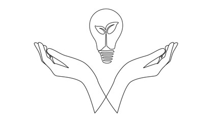 Wall Mural - One continuous line drawing of light bulb and plant with two hands. Lightbulb symbol of new idea and innovation in simple linear style. Editable stroke. Doodle vector illustration