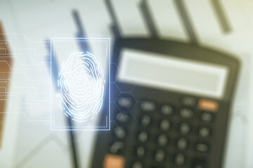 Aufkleber - Abstract virtual fingerprint illustration on blurry calculator and papers background, personal biometric data concept. Multiexposure