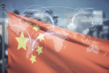Abstract Virtual World Map With Connections On Chinese Flag And City Background, International Trading Concept. Multiexposure