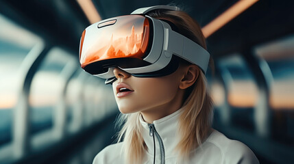 Aufkleber - Beautiful woman wearing virtual reality goggles headset, Connection, Technology, New generation, Progress concept.