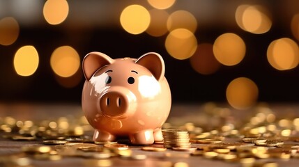 Aufkleber - Piggy bank and gold coin with bokeh background , Save success business financial concept.