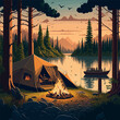 Camping concept art. Flat style illustration of beautiful landscape, lake, mountains, forest, tent, and a campfire