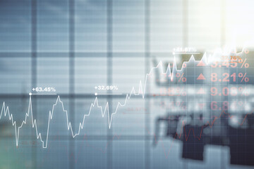 Poster - Multi exposure of virtual abstract financial diagram on a modern furnished office interior background, banking and accounting concept