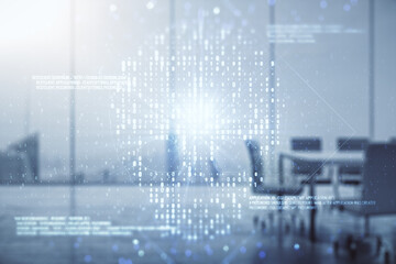 Poster - Double exposure of abstract virtual creative code skull hologram on a modern meeting room background. Malware and cyber crime concept