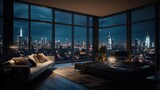 Fototapeta Londyn - Interior luxury apartment penthouse condo at night with city landscape.