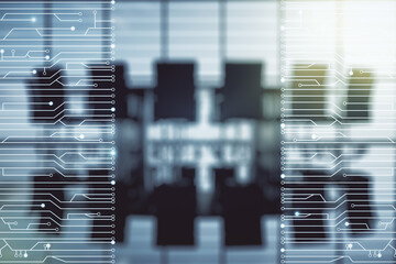 Aufkleber - Abstract virtual micro chip hologram on a modern coworking room background, artificial intelligence and machine learning concept. Multi exposure