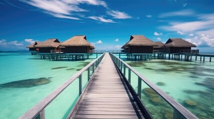 Wall Mural - Luxury water villas resort and wooden pier, Beautiful sky and ocean lagoon beach background.