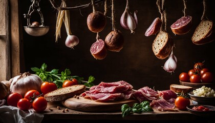 Wall Mural - Italian style cooking with hanging foods and fresh ingredients