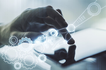 Aufkleber - Double exposure of robotics technology hologram and finger clicks on a digital tablet on background. Research and development software concept