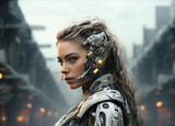Fototapeta Młodzieżowe - Android futuristic robot cyborg, Woman warrior in chrome technological sci-fi armor.