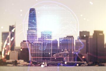 Poster - Double exposure of creative human head microcircuit hologram on San Francisco office buildings background. Future technology and AI concept