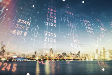 Poster - Multi exposure of abstract virtual graphic data spreadsheet sketch on Chicago cityscape background, analytics and analysis concept