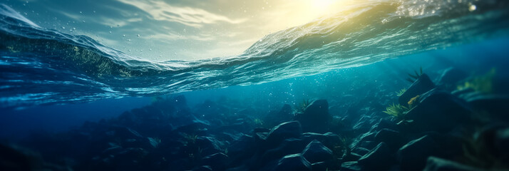 Wall Mural - Long banner with underwater world and blue sky. Transparent deep water of the ocean or sea
