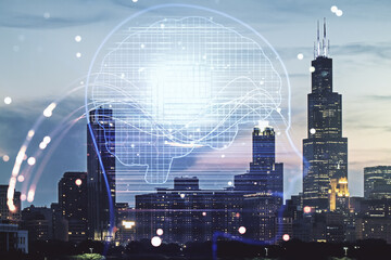 Poster - Double exposure of creative artificial Intelligence hologram on Chicago city skyscrapers background. Neural networks and machine learning concept