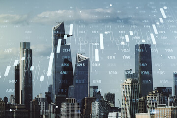 Poster - Double exposure of abstract creative statistics data hologram on New York city office buildings background, analytics and forecasting concept