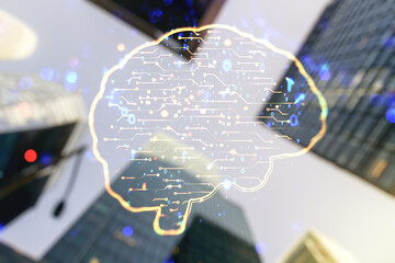 Poster - Virtual creative artificial Intelligence hologram with human brain sketch on modern architecture background. Double exposure