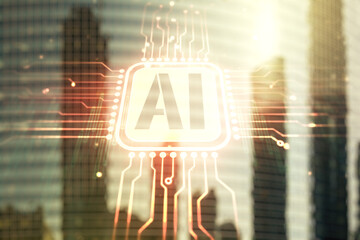 Poster - abstract virtual artificial intelligence symbol hologram on office buildings background. multiexposu