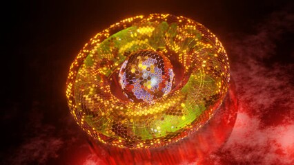Poster - Loop 3d animation. Abstract geometric figure of a set of hexagons. A torus of metal segments and a spherical core in the center. Futuristic composition for abstract background screensavers.