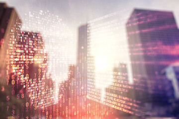 Poster - Abstract virtual code skull illustration on office buildings background. Hacking and phishing concept. Multiexposure