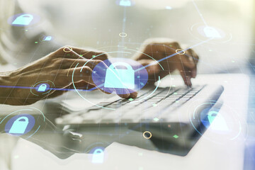 Poster - Creative lock sketch with chip hologram and hands typing on computer keyboard on background, protection of personal data concept. Multiexposure