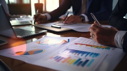 Poster - Team of business people working with calculator to calculate financial figures and analyzing sales data on economic growth chart, generative ai