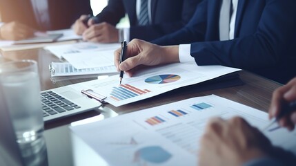 Poster - business person analyzing figures, Team of business people working with calculator to calculate financial figures and analyzing sales data on economic growth chart, generative ai