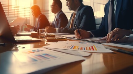 Poster - people working together in office, Team of business people working with calculator to calculate financial figures and analyzing sales data on economic growth chart, generative ai