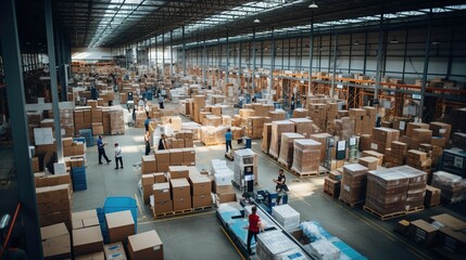 Canvas Print - A distribution warehouse manager and a client businesswoman assess inventory storage on a shelf using a digital tablet. At the storage room, a storehouse supervisor worker, with generative ai