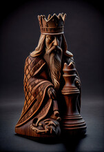 Roughly Carved Wood Figurine Of A Chess King. Homemade Figure Of A Chess King On A Dark Background. AI Generated