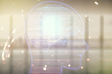 Aufkleber - Double exposure of creative human head microcircuit hologram on empty room interior background. Future technology and AI concept