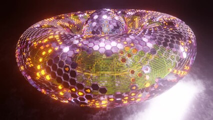 Poster - Loop 3d animation. Abstract geometric figure of a set of hexagons. A torus of metal segments and a spherical core in the center. Futuristic composition for abstract background screensavers.