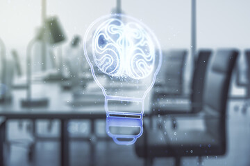 Aufkleber - Abstract virtual idea concept with light bulb and human brain illustration on a modern furnished office background. Neural networks and machine learning concept. Multiexposure