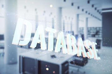 Aufkleber - Double exposure of Database word sign on a modern furnished office background, global research and analytics concept
