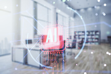 Poster - Creative artificial Intelligence symbol hologram on a modern furnished classroom background. Double exposure